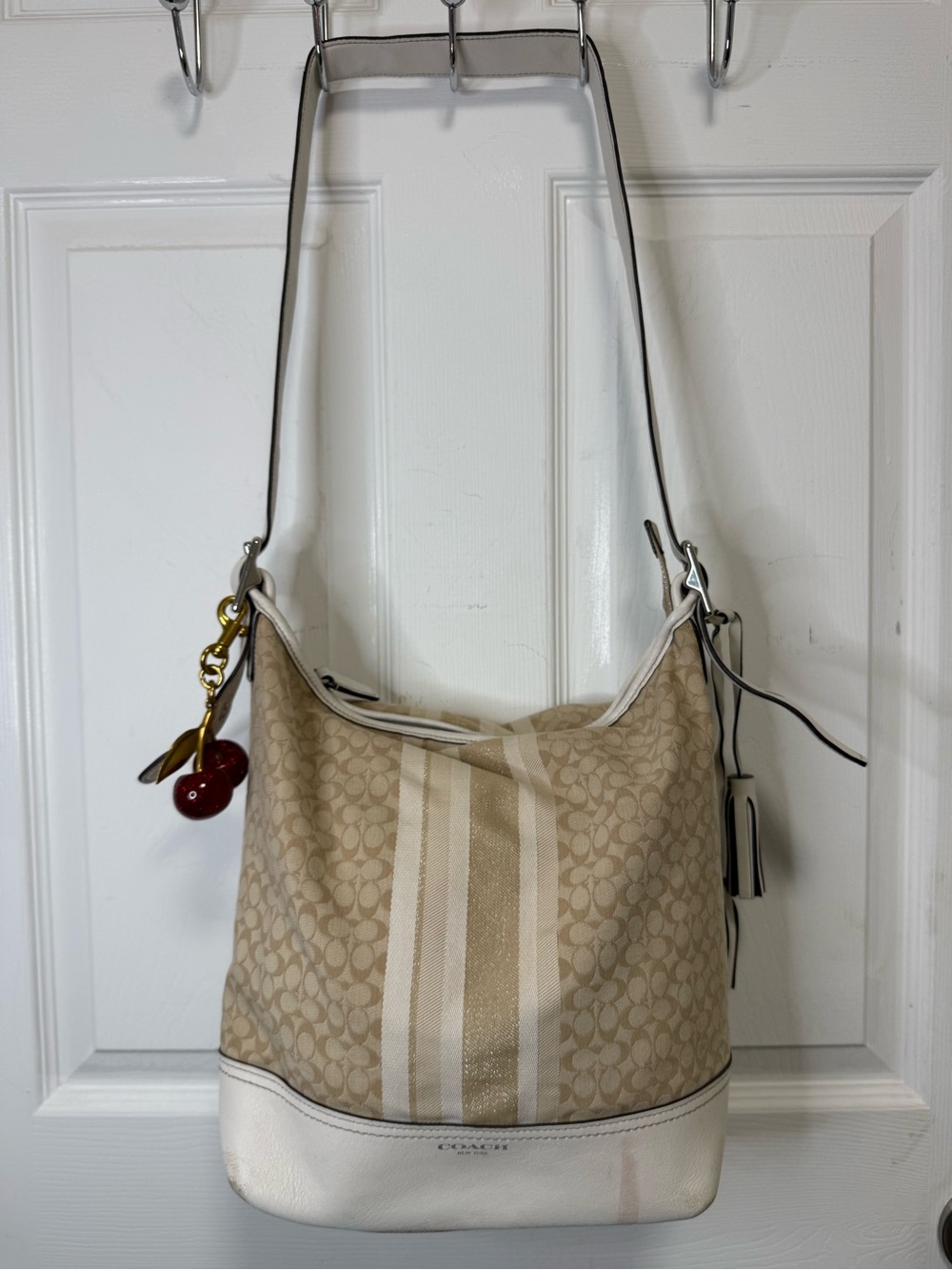Coach Beige Signature Stripe Crossbody Bag
